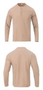 Detailed view of men's ribbed long sleeve button placket casual henley shirt fabric texture.