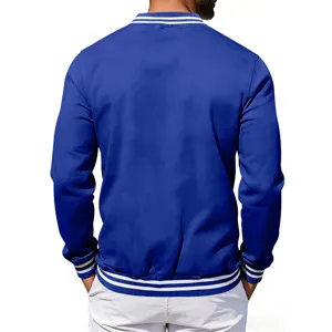 Back view detail of casual men's vintage fleece varsity jacket in royal blue with white stripes.