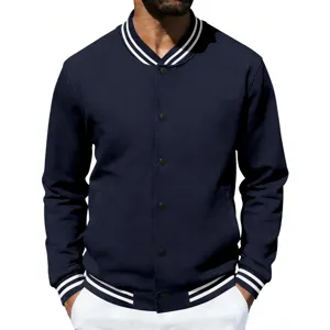 Men's Vintage Fleece Lined Varsity Jacket Detail View Classic Navy Blue Casual Outerwear