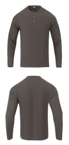 Men's dark grey long sleeve waffle knit henley shirt casual basic tee top for autumn.