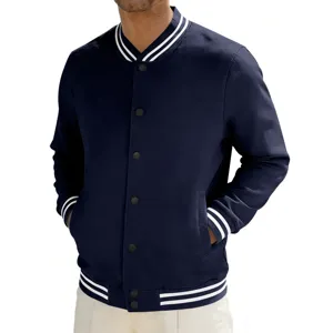 Close-up detail of a classic navy blue varsity jacket featuring white striped ribbed trim.