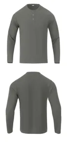 Close-up detail of mens long sleeve henley shirt, ribbed texture fabric, button placket.