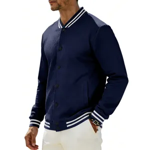 Men's vintage navy blue varsity jacket detail, classic striped ribbed collar and cuffs style