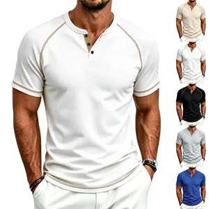 Men's waffle knit henley short sleeve t-shirt with contrast stitching summer casual top