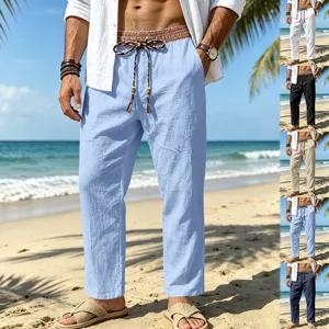 Men's loose linen casual beach trousers, breathable ethnic print waistband straight pants.