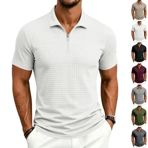 Men's short sleeve polo shirt with textured jacquard check, stand collar, and half zipper.