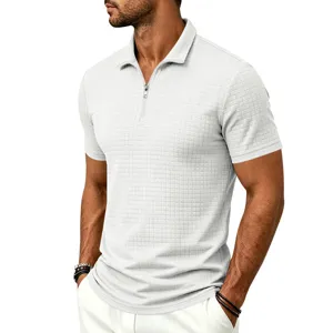 Men's summer casual short sleeve textured grid zip polo shirt in solid white color