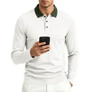 Men's long sleeve polo shirt detail featuring contrast ribbed collar and snap button placket.
