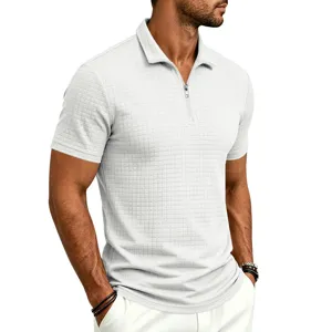Men's retro jacquard grid short sleeve polo shirt, casual business stand collar zip top.