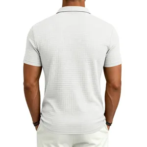 Men's jacquard grid short sleeve zip polo shirt, casual business summer back detail view.