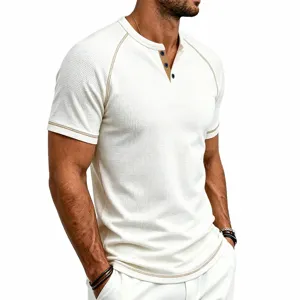 Men's waffle knit short sleeve Henley shirt with contrast stitching and buttons top.