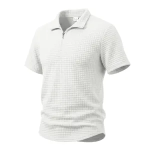 Men's white waffle knit grid polo shirt detail shot, casual short sleeve with zipper collar.