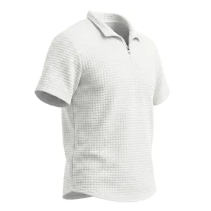 White waffle knit short sleeve polo shirt with zipper placket for men detail view.