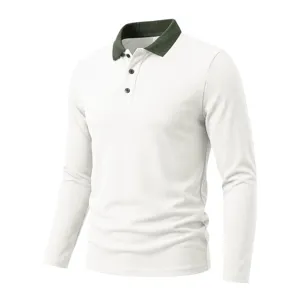 Close-up detail of the contrast collar mens long sleeve polo shirt knit texture view.