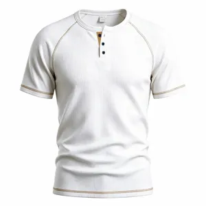 Men's breathable waffle knit short sleeve henley t-shirt with contrast raglan stitching.