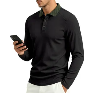 Men's long sleeve polo shirt casual contrast ribbed collar slim fit basic business top
