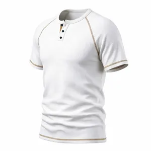 Men's waffle knit short sleeve Henley t-shirt with contrast stitching and raglan design.