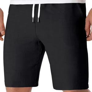 Pantalón corto casual negro de hombre con cordón, elegante bermuda de lino para verano.