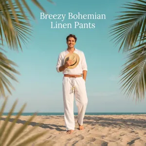 Mens casual loose linen beach pants with ethnic woven belt for summer vacation holiday wear.