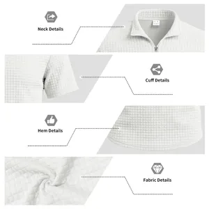 Close-up details of the white jacquard grid short sleeve polo shirt collar and fabric.