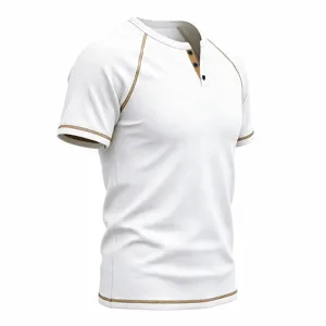 Detail view of mens waffle knit short sleeve Henley t-shirt with contrast raglan stitching.