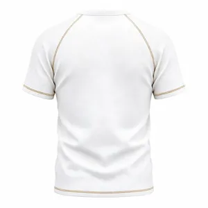Detailed back view of white waffle knit short sleeve t-shirt with contrast stitching.