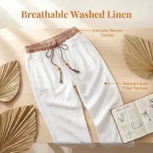 Detail view of breathable men's white linen casual beach pants with ethnic woven waistband.