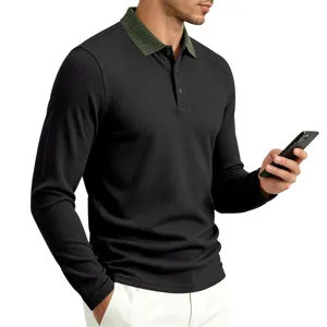 Men's long sleeve polo shirt casual black top with green ribbed lapel collar detail.