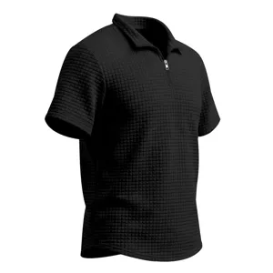 Men's casual short sleeve waffle knit polo shirt with zipper lapel, stylish summer retro top.