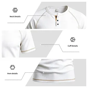 Detail view of white waffle knit Henley t-shirt showcasing neck, cuff and hem design.