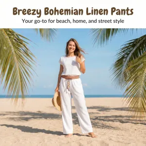 Breezy bohemian linen pants for women, perfect casual beachwear and street style outfit.