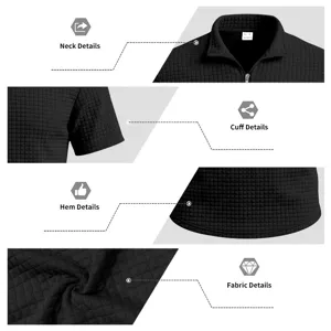 Men's Black Waffle Knit Short Sleeve Polo Shirt Half Zip Casual Business Top Tees