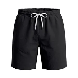 Vista detallada del pantalón corto casual negro de hombre en lino con cordón blanco.