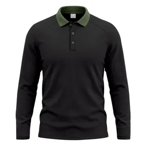 Men's long sleeve polo shirt in classic black with a stylish contrasting green ribbed lapel.