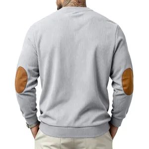 Back view detail of men grey corduroy long sleeve sweatshirt with brown elbow patches fashion.