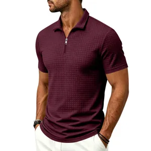 Men's summer short-sleeve grid polo shirt with zipper stand collar and textured jacquard fabric.
