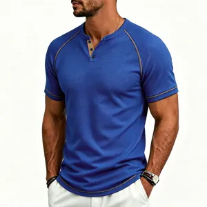 Detailed view of the blue waffle knit short sleeve Henley shirt with contrast stitching.