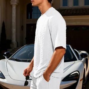 Men's white cable knit short sleeve T-shirt and shorts set for casual daily streetwear.