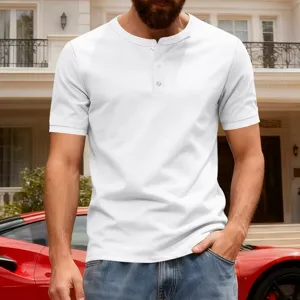 Men's casual short sleeve Henley shirt with button placket, comfortable and stylish.