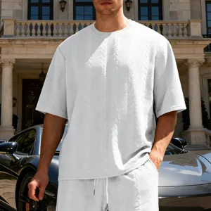 Men's oversized jacquard knit short sleeve t-shirt matching shorts white casual streetwear