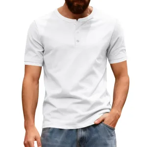Close-up detail view of a classic white short-sleeve Henley shirt featuring a clean button placket.