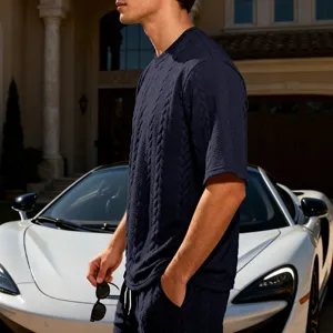 Men luxury textured knit short sleeve t-shirt set, casual streetwear style in deep blue.