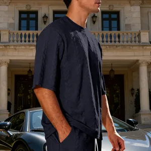 Men casual jacquard knit short sleeve t-shirt detail showing high street oversized style top