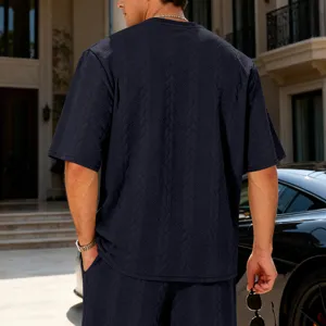 Men's Casual Jacquard Knit Short Sleeve T-Shirt and Matching Shorts Set in Navy Blue