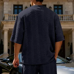 Men's casual oversized jacquard knit crewneck short sleeve t-shirt back detail view