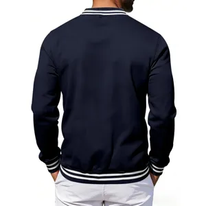 Men vintage contrast striped rib collar bomber jacket solid color casual baseball coat
