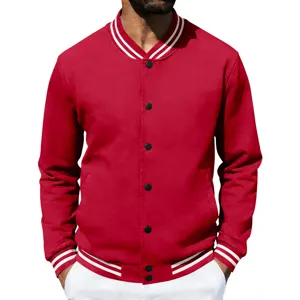 Close-up detail view of the red varsity baseball jacket featuring black snap buttons and white stripes.