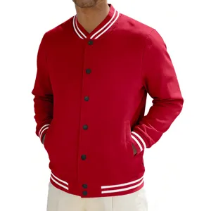 Detailed view of red varsity jacket featuring black buttons and striped ribbed trim.