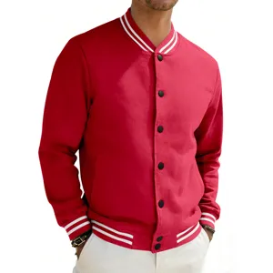 Men's red vintage baseball jacket with striped ribbed trim, snap buttons, and cozy fleece lining.