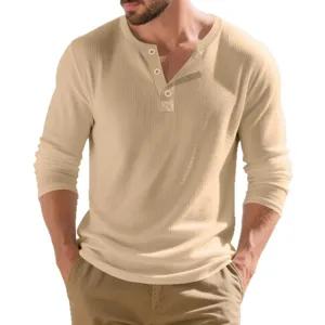 Men's long sleeve ribbed Henley shirt, casual solid color waffle knit pullover top for autumn wear.